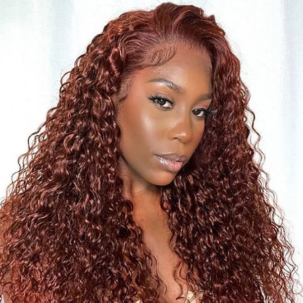 Junoda Long Reddish Brown Jerry Curly Wig Auburn Color #33 Lace Front Human Hair Wigs