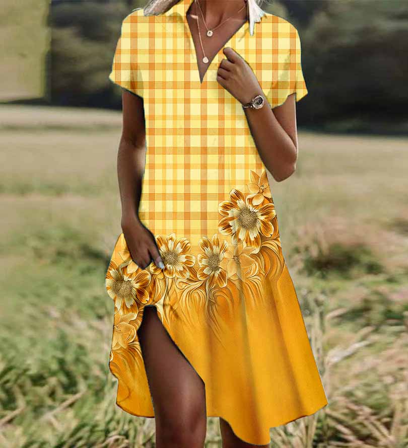 Women Half Sleeve V-neck Solid Color Dress