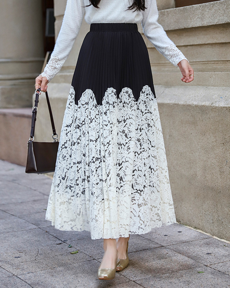 Colorblock Floral Pattern Pleated Midi Skirt