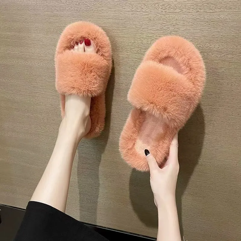 Breakj Breakj Hairy Slippers Women 2025 Autumn And Winter New Hairy Home Outside The Bottom Of The Wearing Plush Slippers