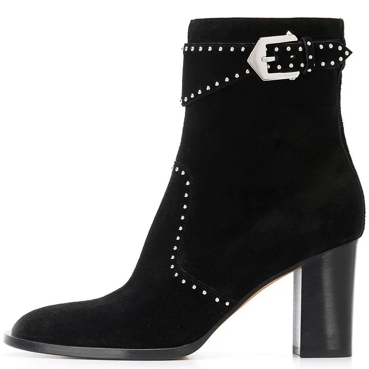 Chunky Heel Buckle Ankle Boots in Black Suede Vdcoo