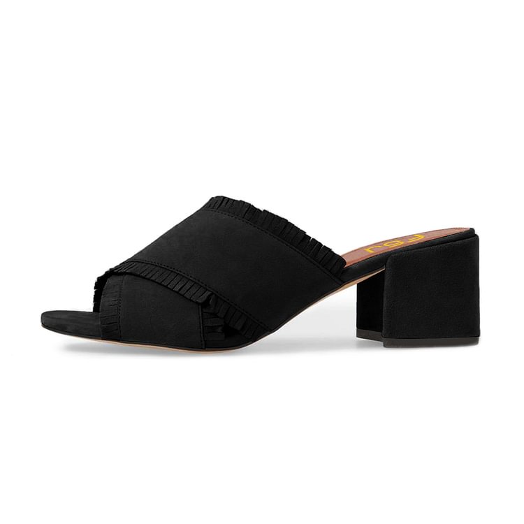 Women's Black Suede Peep Toe Mule Fringe Block Heel Sandals |FSJ Shoes