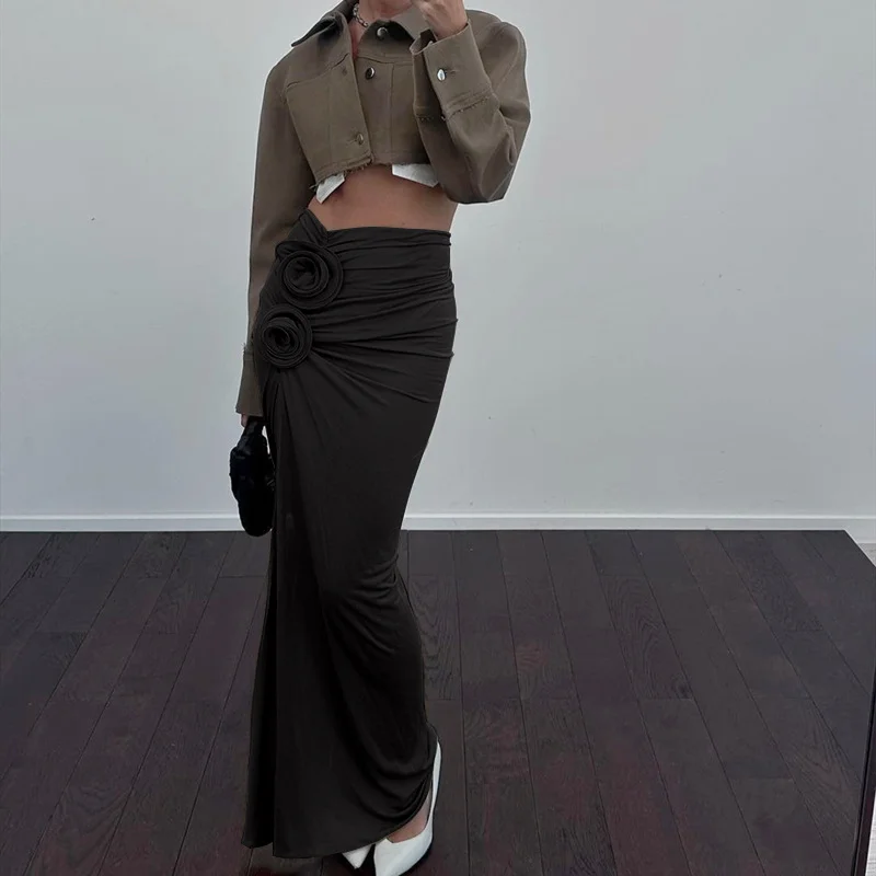 Pongl Pongl Women's Fall 2023 New French Temperament High Waist Slit Pleated Flowers Decorative Half Dress