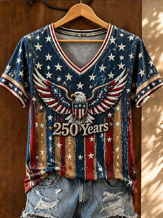 Women's Casual American 250th Anniversary Printed Short-Sleeve T-Shirt 