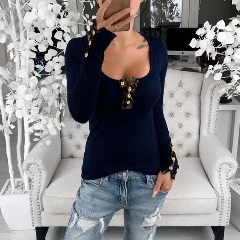 Casual Long Sleeve Single-breasted U Collar Tight T-shirt