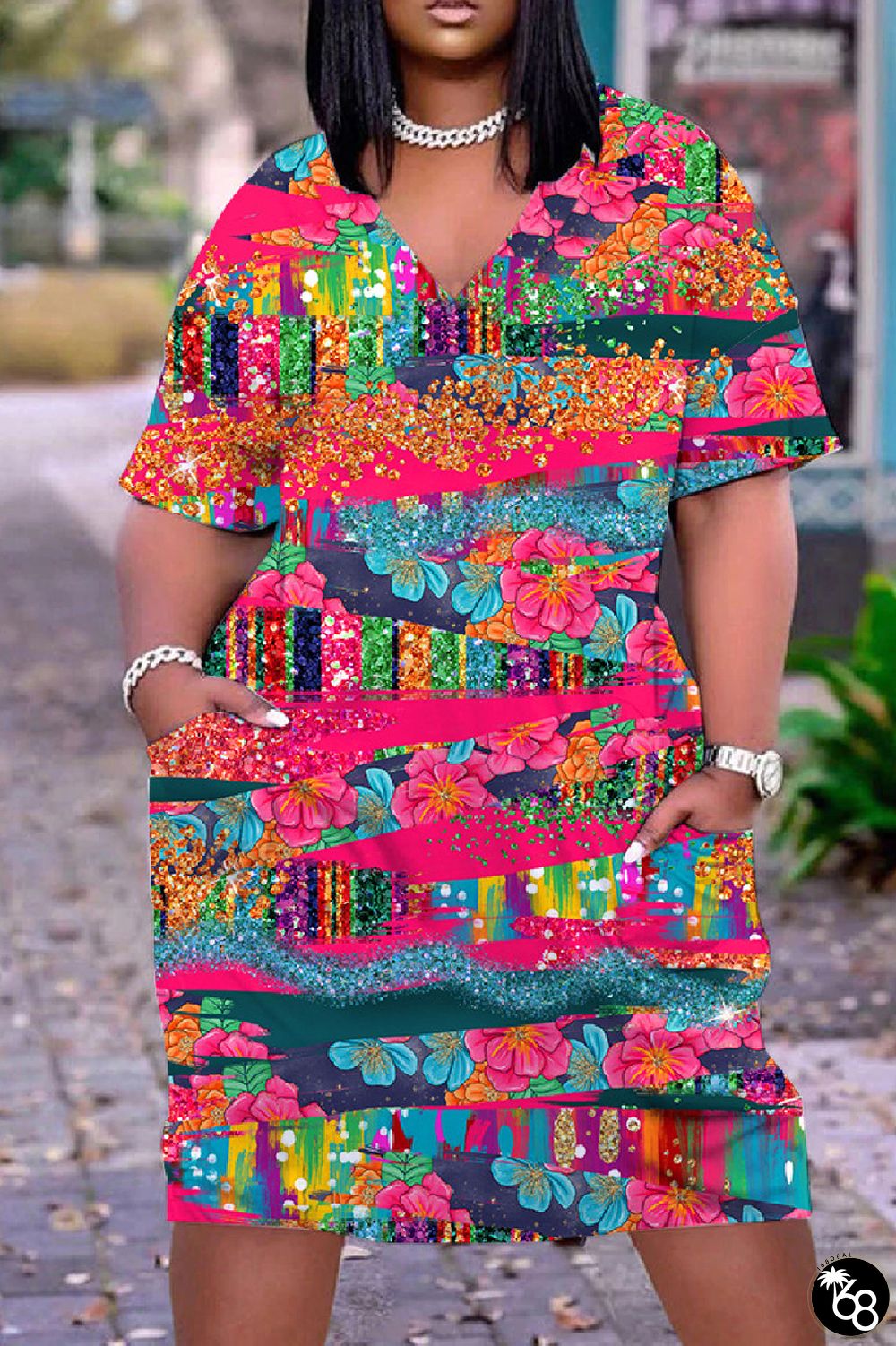 Casual Print Basic V Neck Short Sleeve Short Sleeve Dress | 168DEAL