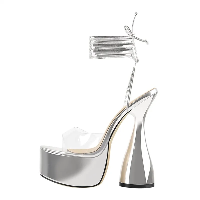 Onlymaker Women's Summer Platform Ankle Strap Spike Heels Sandals Silver Patent Leather PVC Female Big Size Sandals