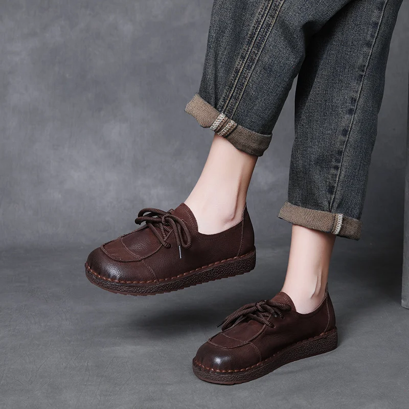 Yyvonne Layer Of Cow Leather Hand-Retro Single Shoe Women 2025 Spring New Comfortable Soft-Soled Casual Shoes Round Leather Women's Shoes