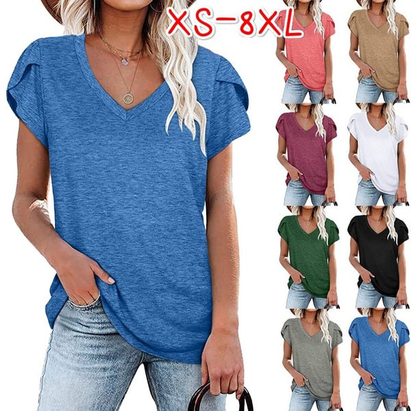 Fashion Summer Women's Casual Short Sleeve Tee Shirts Ladies Blouses V-neck Cotton Shirt Solid Color Loose T-shirts Plus Size - Shop Trendy Women's Clothing | LoverChic