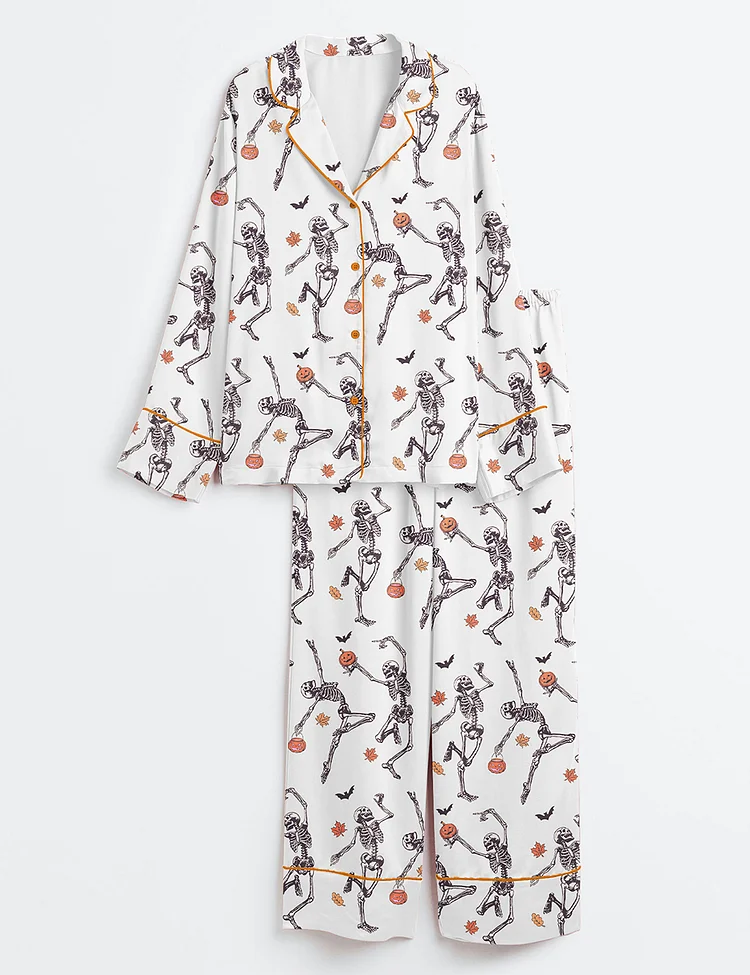 Women&rsquo;s Dancing Skeleton Halloween Pumpkin Long Sleeve Satin Pajama Set