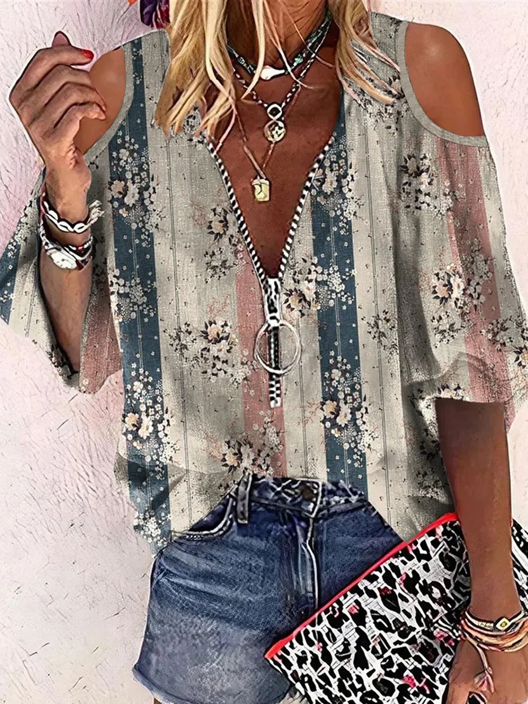 Casual Floral Three Quarter V Neck Plus Size Printed Tops