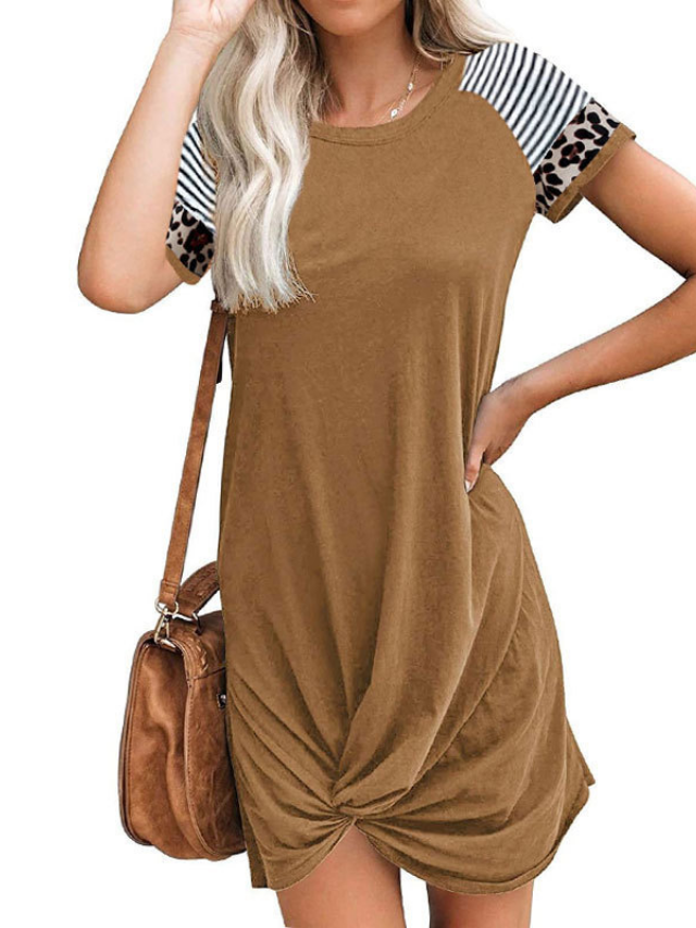 Women's Spring and Summer Raglan Leopard Stitching Short Sleeve T-shirt Dress | EGEMISS