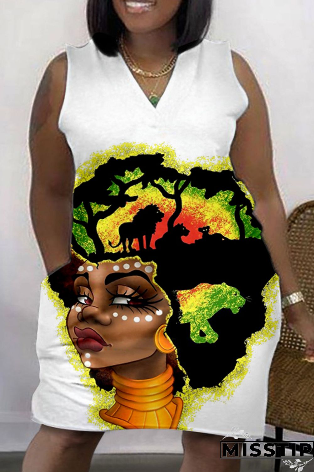 Green Fashion Casual Print Patchwork V Neck Sleeveless Plus Size Dress