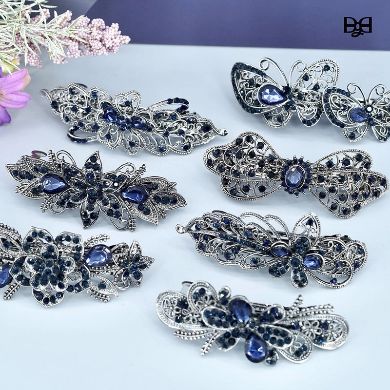 New Vintage Spring Clip Rhinestone Hairpin Ladies Hair Accessories Headdress Black Hairpin Flower Ponytail Clip Jewelry