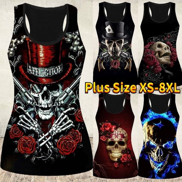 5 Colors Womens Fashion Skull Print Punk Tank Top Summer Sleeveless Graphic Shirt Slim Fit Cotton Gothic Tee Tops Plus Size Vest XS-8XL - BlackFridayBuys