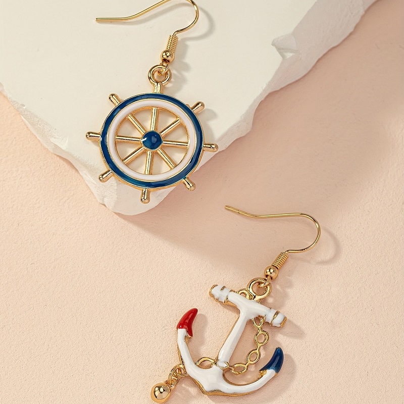 Unique Anchor Motif Enamel Asymmetrical Earrings