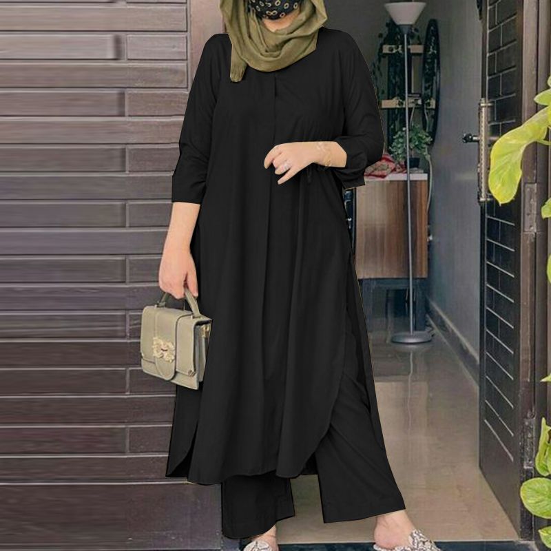 2024 ZANZEA Muslim Tracksuiits Matching Sets Long Sleeve Blouse Wide Leg Pants Sets Casual Loose Suit Women Outifits