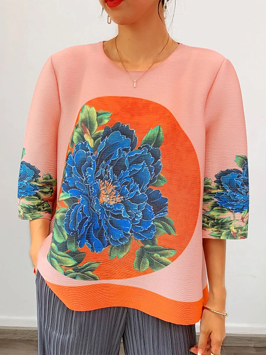 Pleated Printed Round Neck Half Sleeve T-Shirt