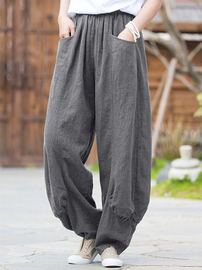 Ladies Solid Color Loose Stitching Cotton Linen Trousers
