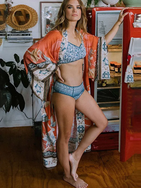 Rayon Floral Loose Caidigan Long Sleeve Beach Cover-Up Swimwear