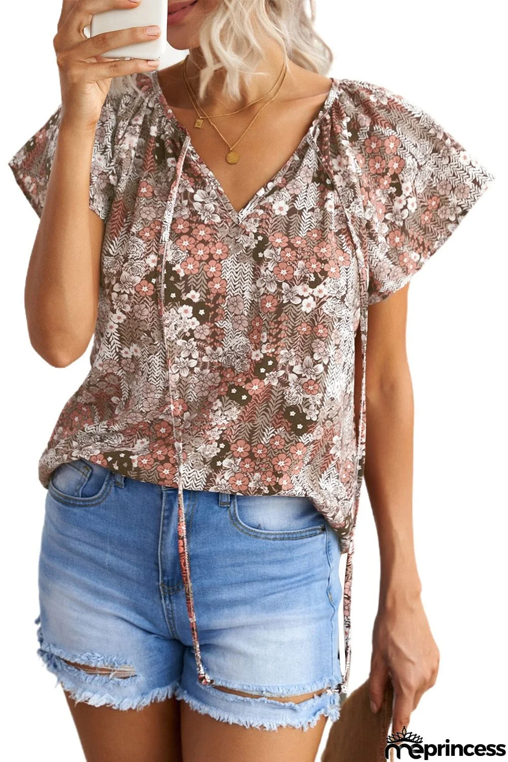V-neck Short Sleeve Fashion Print Fantasy Fluttering Blouse