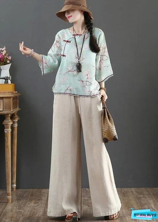 Organic Blue Print Linen Half Sleeve Top Summer