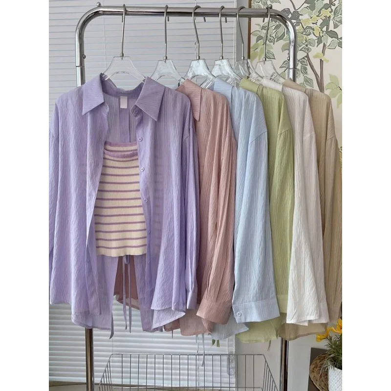 Uveng Uveng Collar Long-Sleeved Open Shirt With Thin Sunscreen Women 2025 Spring And Summer New Loose Blue Shirt Coat