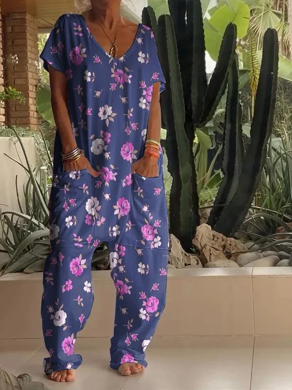 Casual Floral Print V-neck Jumpsuit