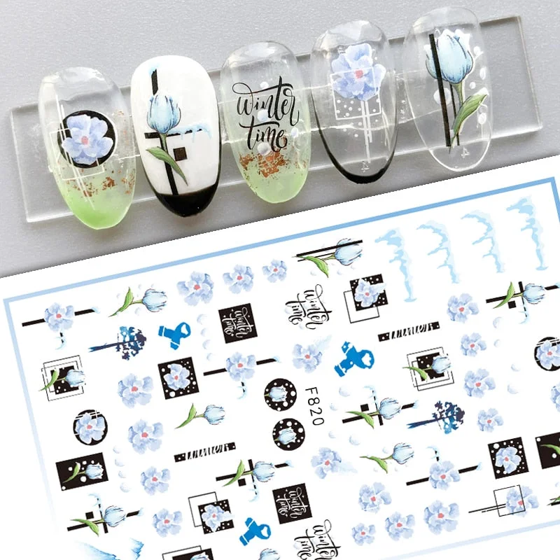 Geometric Lines Flower Leaf 3D Nail Stickers Blue Gold Cool Fall Leaves Spring Transfer Slider Nail Art Decoration Manicures-Nail Inspo