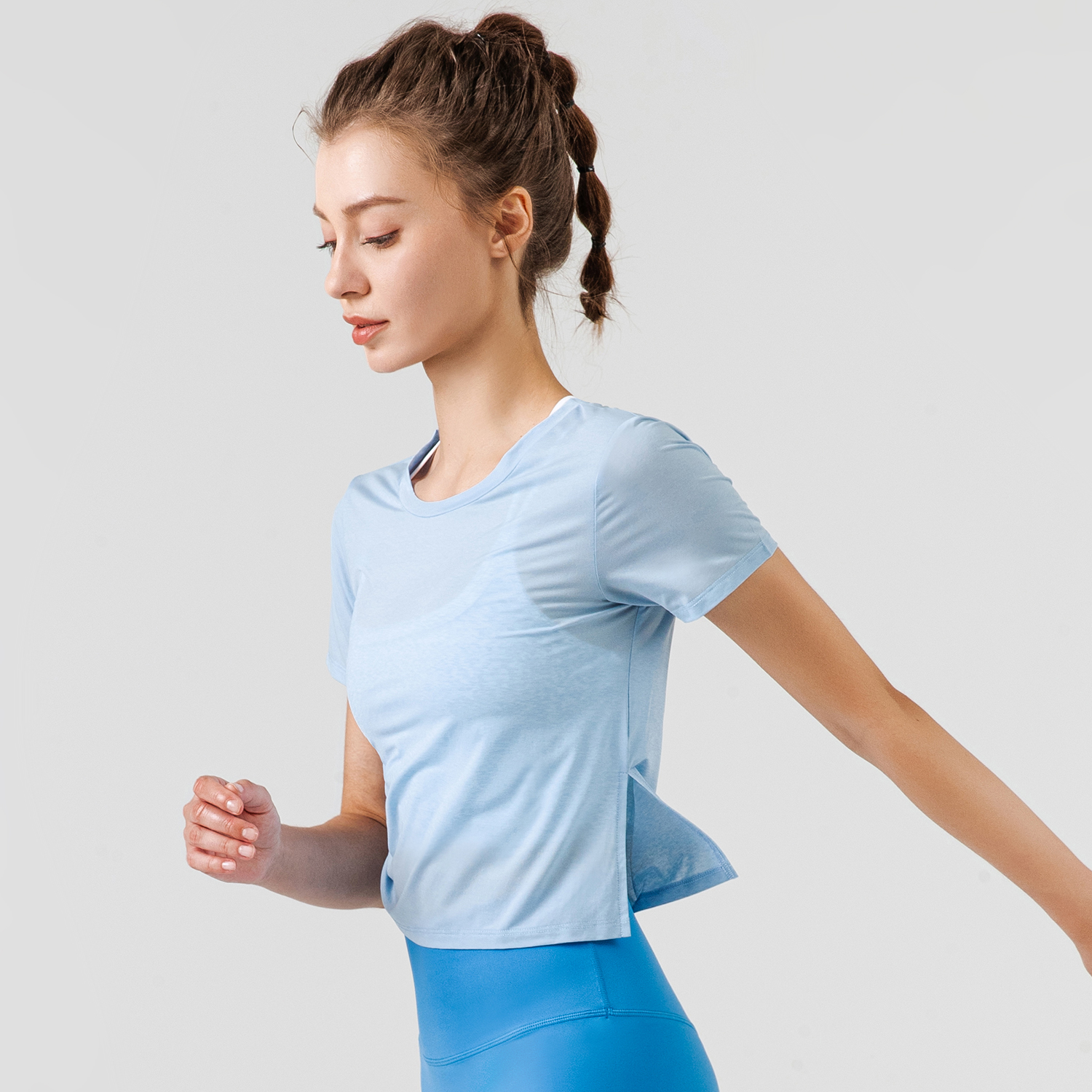 Buy Hergymclothing Sky Blue short sleeve round neck see through side drawstring running t shirts for women online