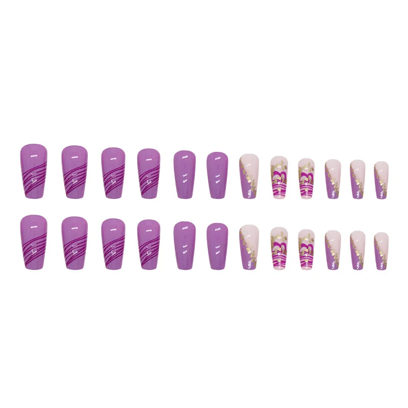 Churchf Churchf Long Flat Head Grape Purple Line Gold Foil Nail Romantic Taro Purple Wearing Armour Piece Removable