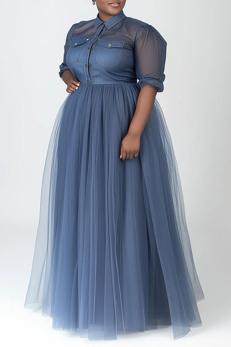 Xpluswear Design Plus Size Semi Formal Blue Shirt Collar Short Sleeve See Through Contrast Tulle Tencel Denim Maxi Dresses [Pre-Order]