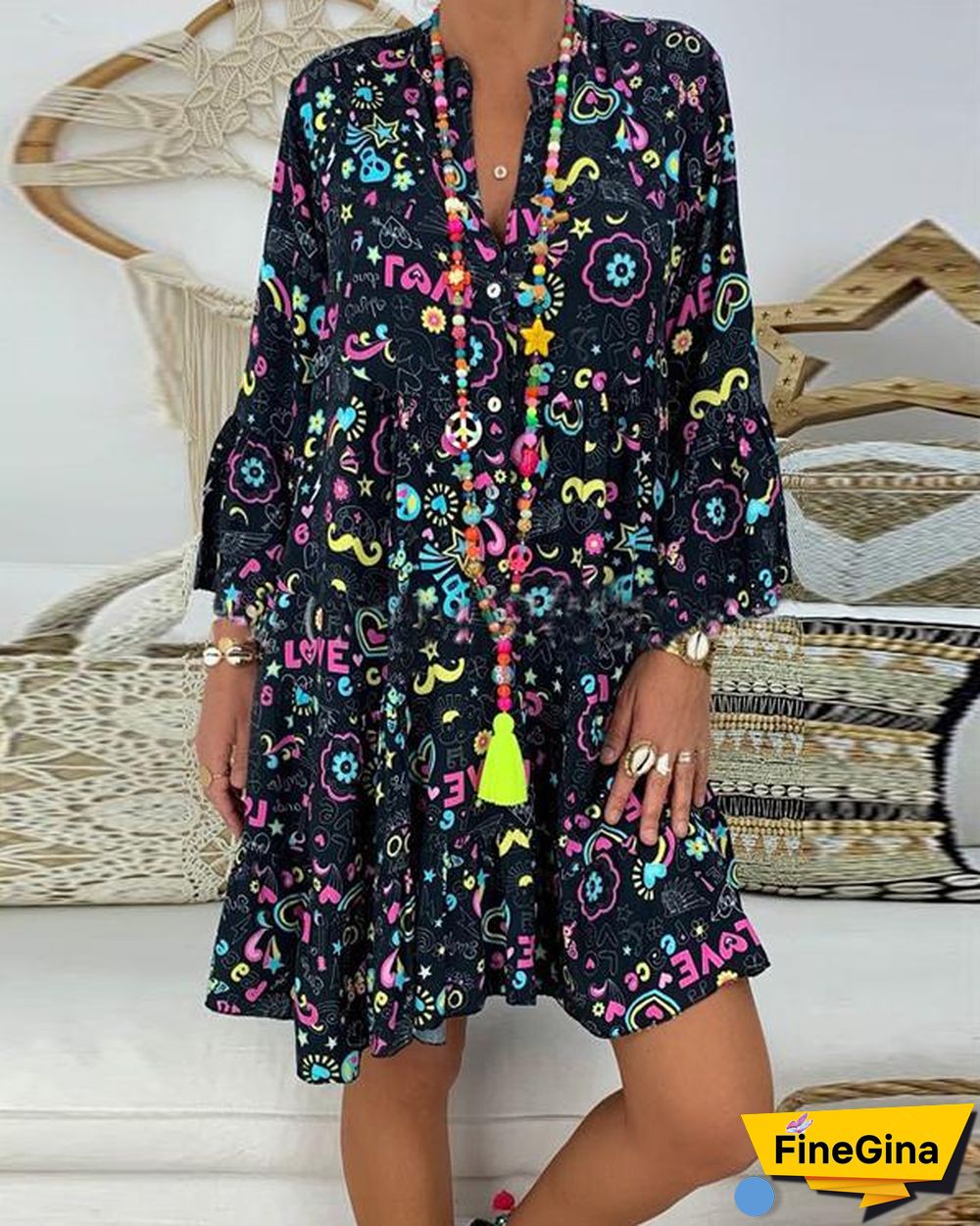 Women's Plus Size Print Mini Dress Casual Loose Dress Beach Party Dress
