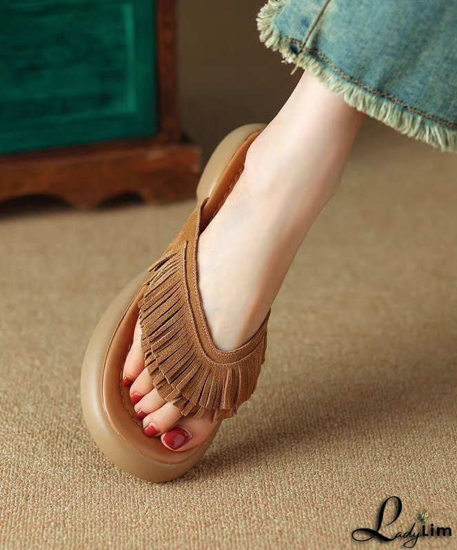 Brown Chunky Suede Boutique Tassel Splicing Slide Sandals