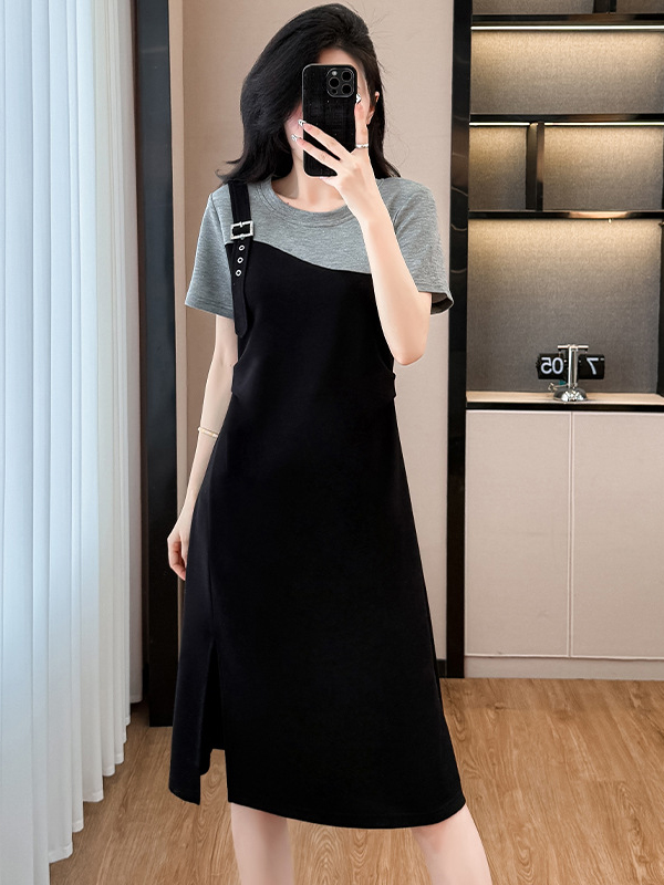 Gray Short Sleeve Patchwork Asymmetric Strap Side Split Midi Dress