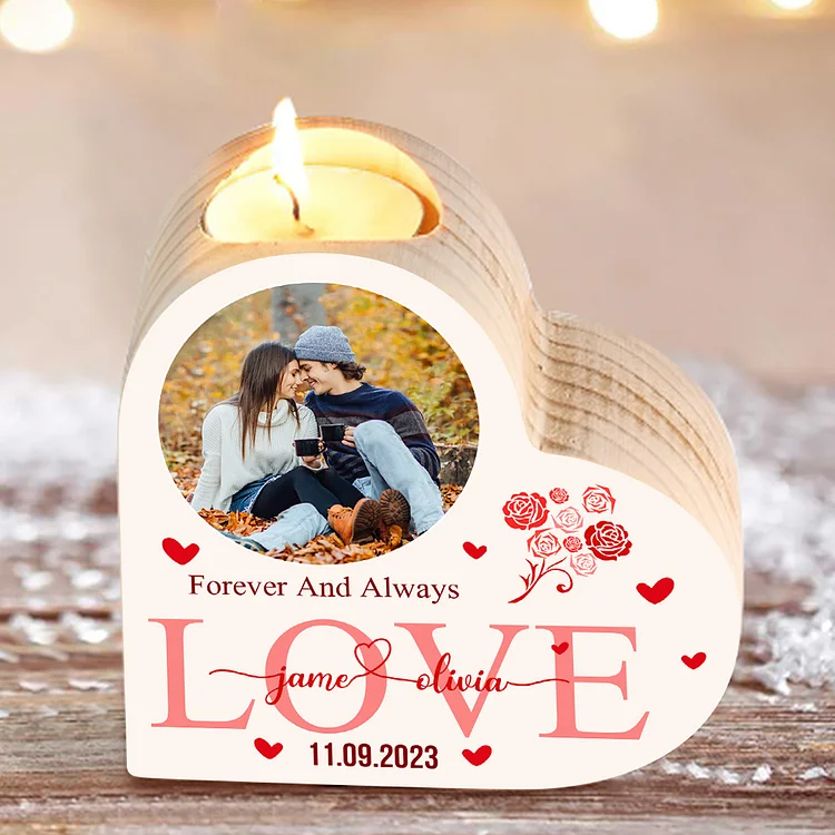 Personalized Love Couple Heart Candle Holder Engrave Photo-Forever And Always Love- Wooden Candlesticks Valentines Gift