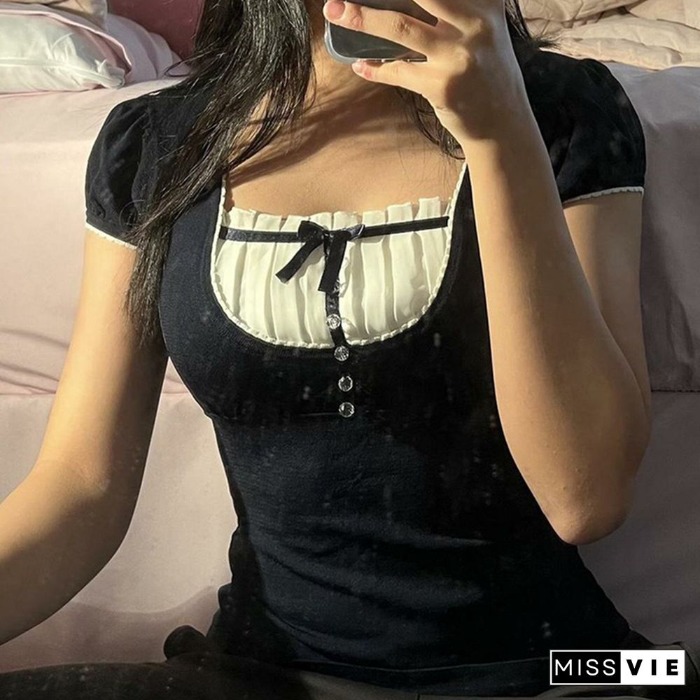 Summer Vintage Bow Ruffle Patchwork T Shirt Y2k Women Grunge Square Neck Aesthetic Korean Short Sleeve Crop Tops