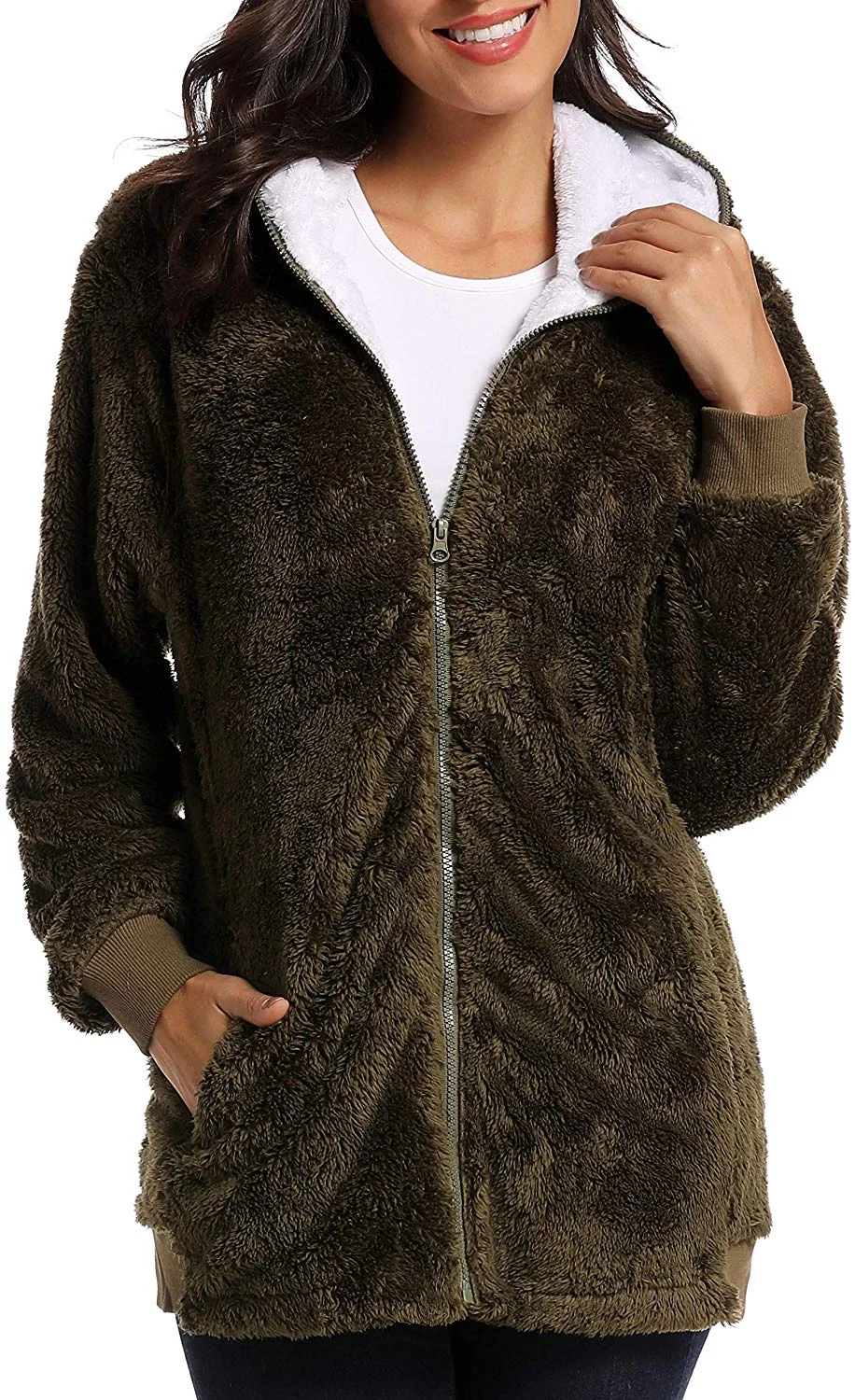 Women's Winter Oversized Open Front Fleece Hooded Draped Pockets Cardigan Coat Zip Up Faux Shearling Oversized Coat Jacket
