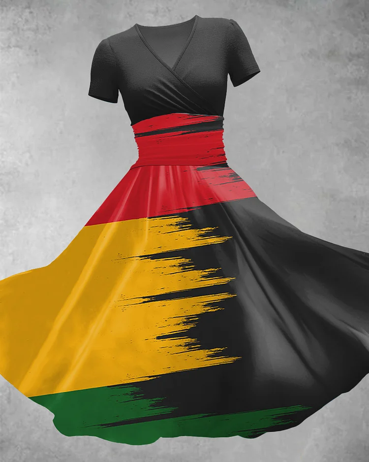 V Neck Reggae Graffiti Color Contrast Maxi Dress