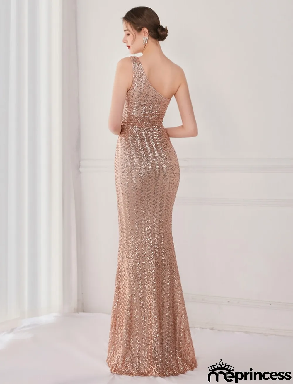 Spring Elegant Bling Bling Golden Sequins One Shoulder Sleeveless Mermaid Formal Cocktail Evening Dress