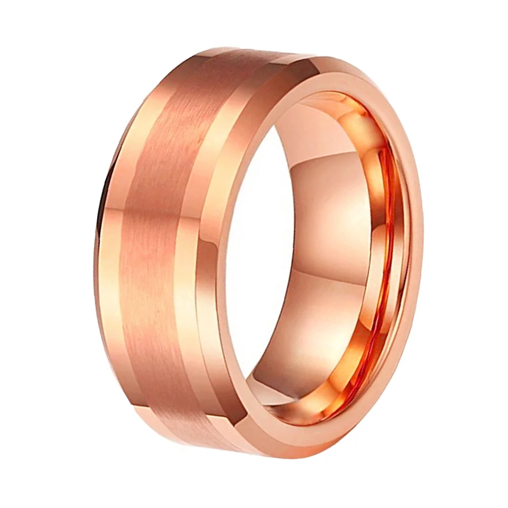 8MM Rose Gold Center Brushed Tungsten Carbide Men Rings Polished Bevel Edge