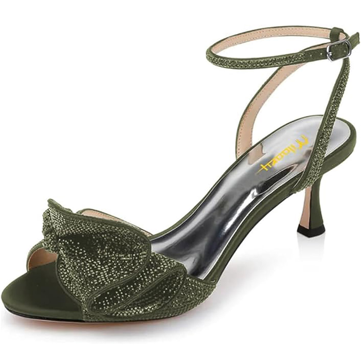Olive Round Toe Spool Heel Summer Sandals with Rhinestone Accent Nicepairs