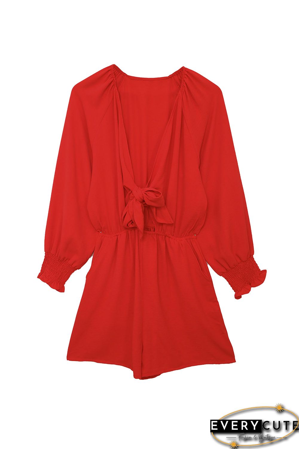 Red Tie Knot Puff Long Sleeve Romper