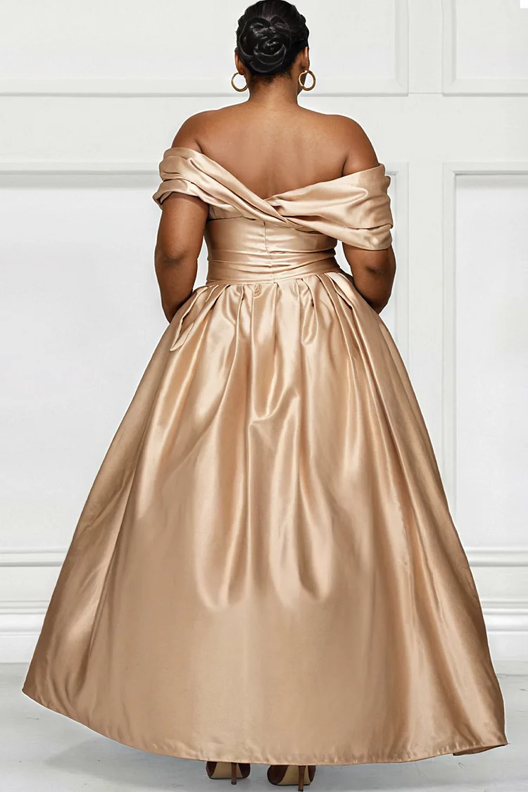 Xpluswear Design Plus Size Wedding Guest Champagne Off The Shoulder Short Sleeve Split Elegant Pocket Satin Maxi Dresses [Pre-Order]