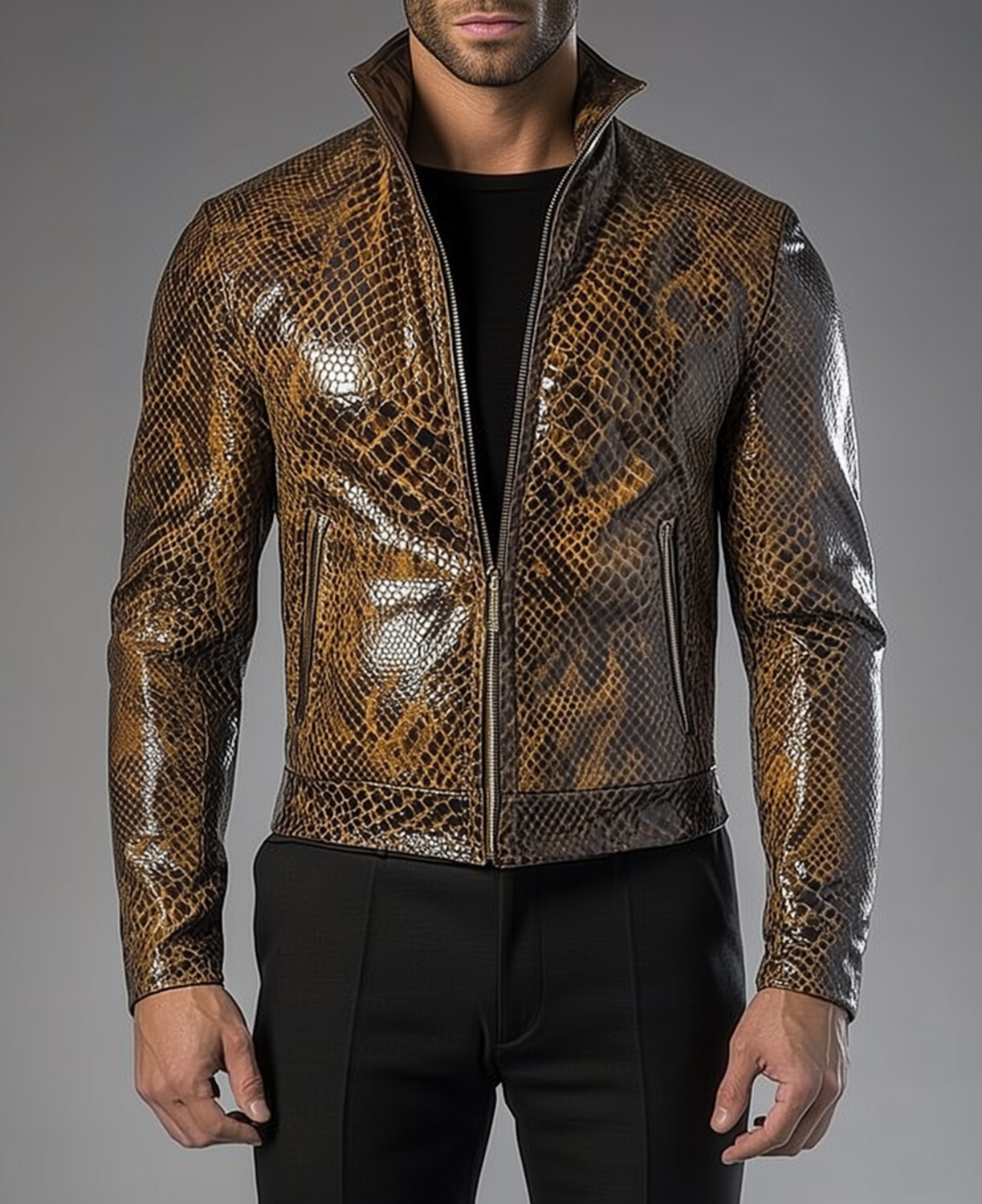 Okaywear PU Leather Snake Skin Pattern Zipper Jacket