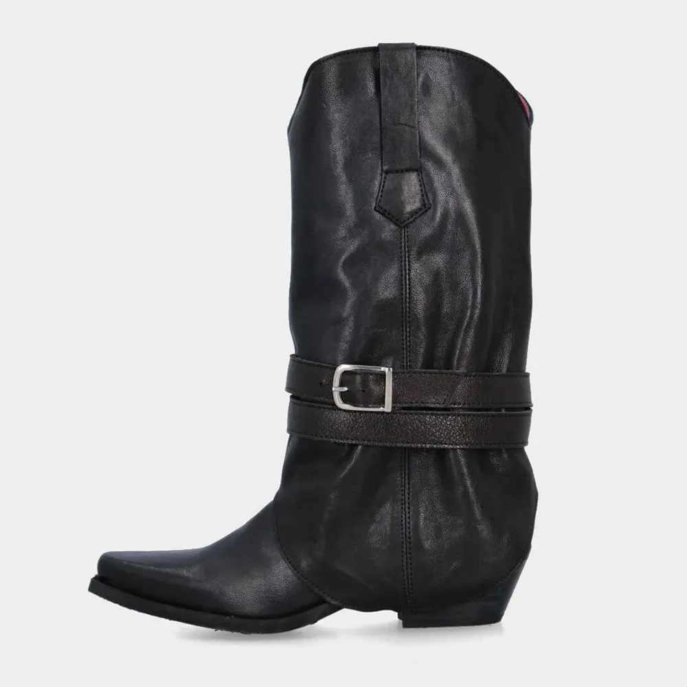 Women&lsquo;s Block Heel Black Fold Over Mid Calf Cowgirl Boots with Buckle