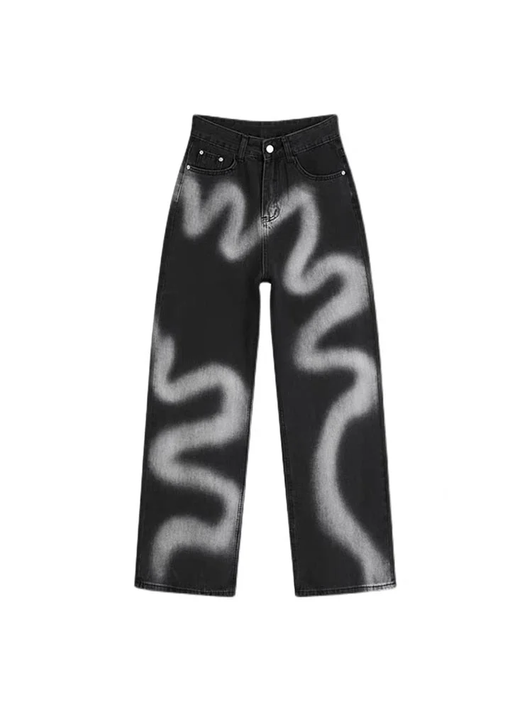 Women Punk Style Tide Trousers Long Pants Fashion Y2K Harajuku Gothic Graffiti Jeans Oversize Casual Streetwear Spring 2022 New