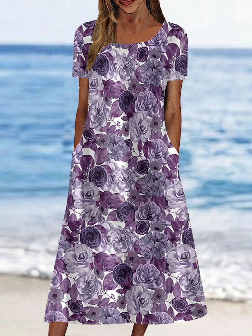 Women's Short Sleeve Scoop Neck Graphic Floral Printed Pockets Midi Dress