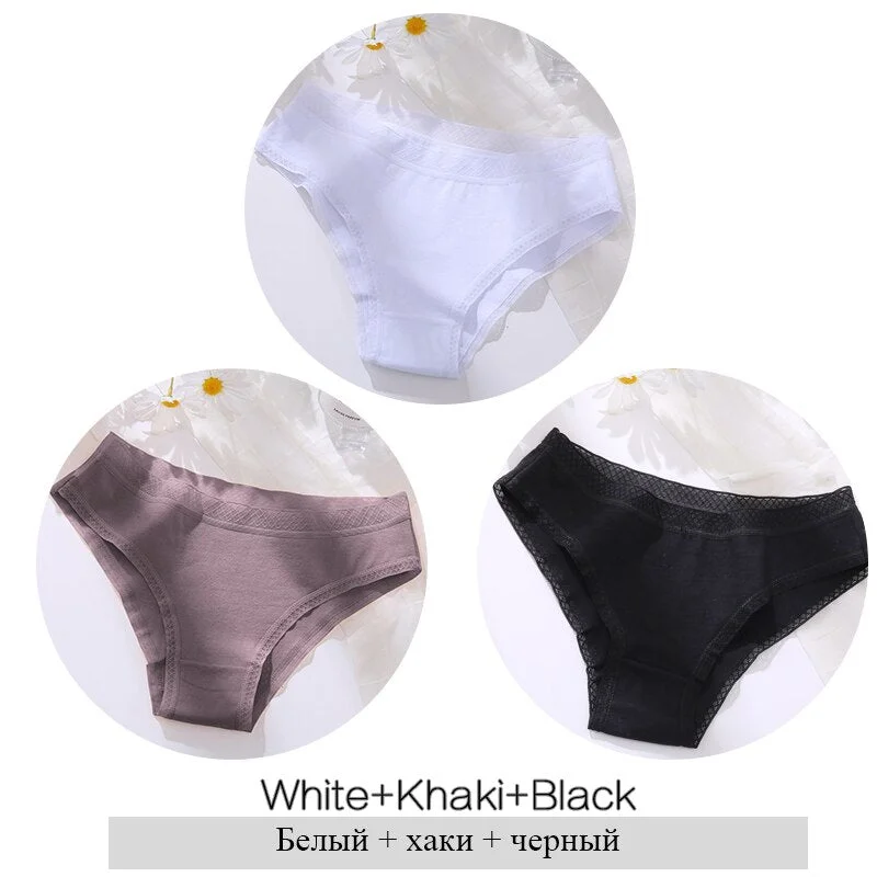 FINETOO Women Cotton Panties Sexy Lace Briefs 3Pcs/set Ladies Low Waist Underpants Comfortable Girls Underwear M-2XL Lingerie