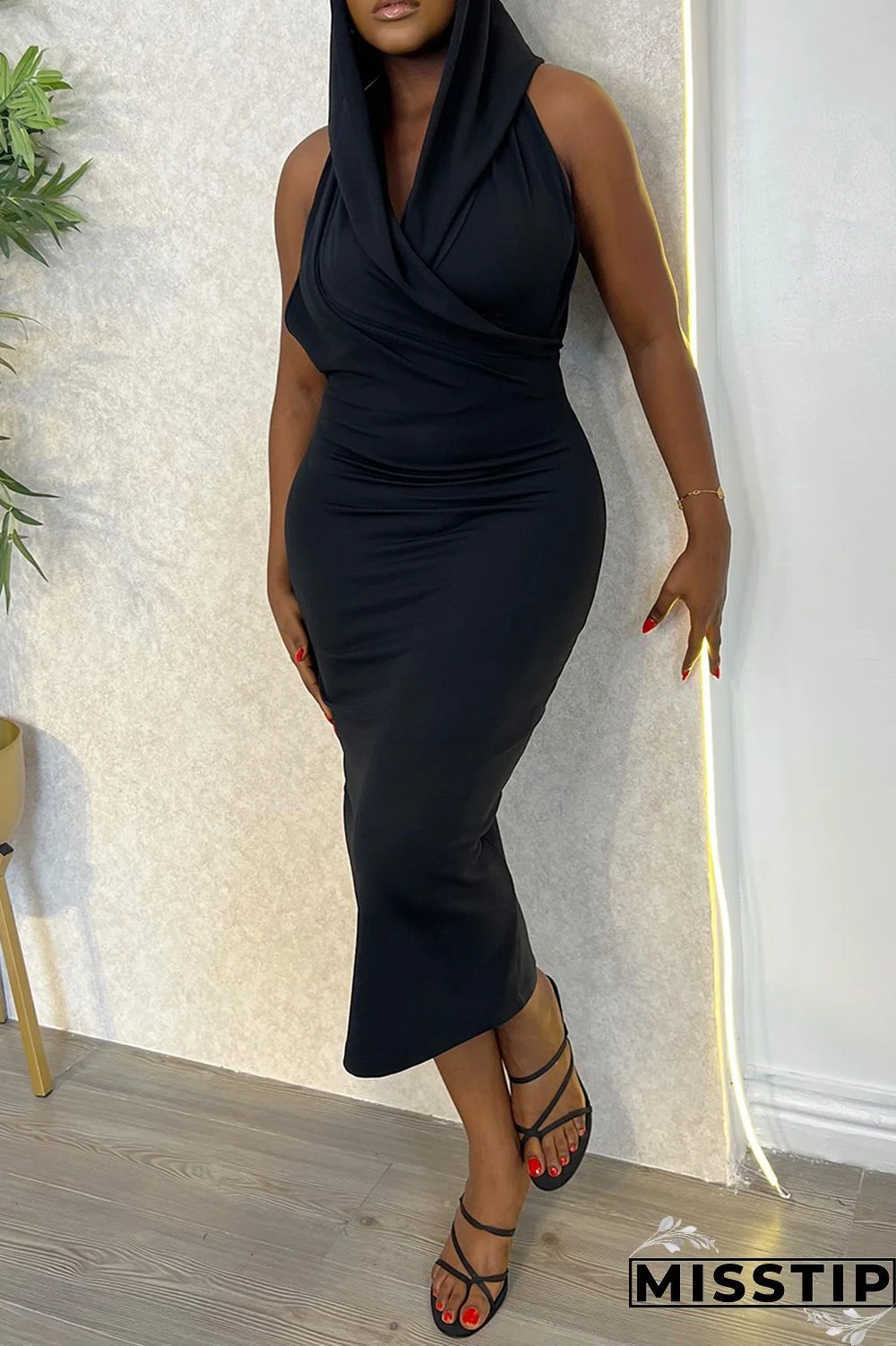 Black Daily Elegant Vacation Plain Asymmetrical Hooded Collar Long Dress Dresses